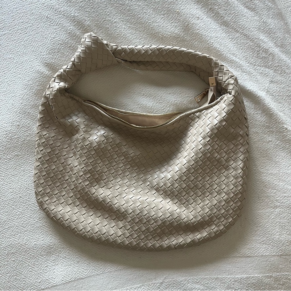 Melie Bianco Anthropologie Cream Tan Beige Woven Leather Knot Hobo Bag